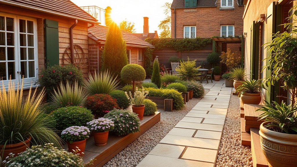 Jardin aménagé par un paysagiste avec terrasse et plantations