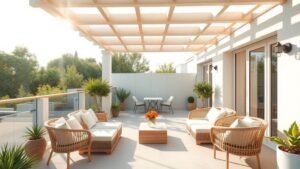 Pergola claire devant de grandes baies vitrées, avec terrasse lumineuse et intérieur baigné de lumière naturelle