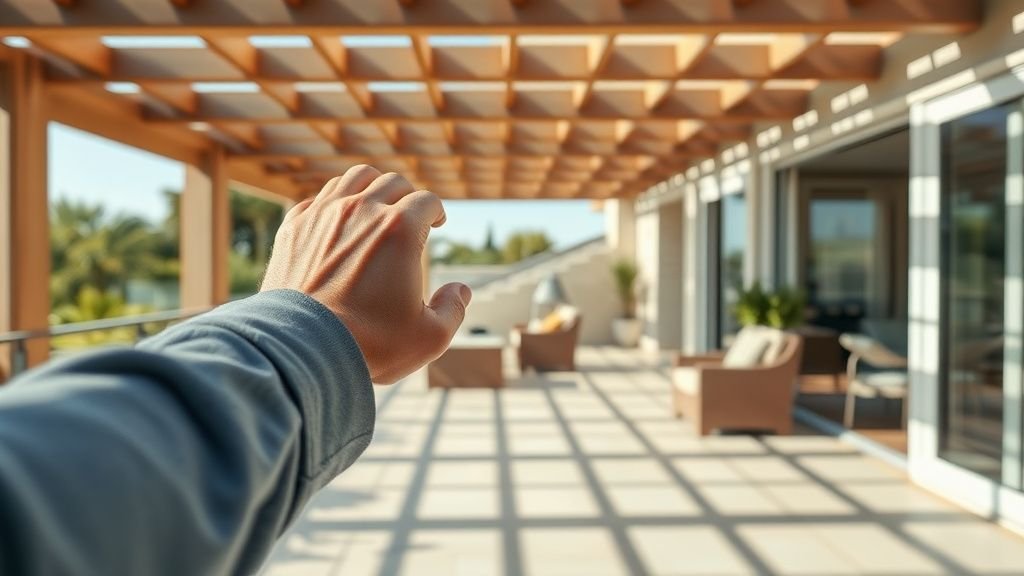 Main ajustant les lames d’une pergola, avec jeux d’ombre sur le sol et salon lumineux en arrière-plan