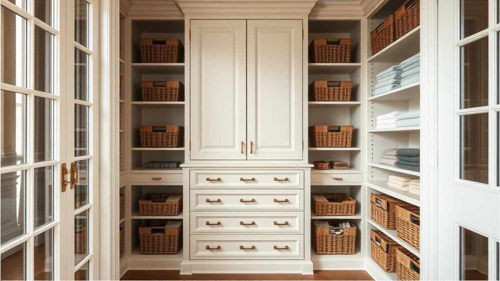 Placard parfaitement organisé avec étagères tiroirs et paniers
