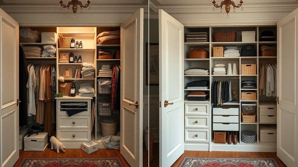 Avant/après d'un placard mal organisé versus optimisé