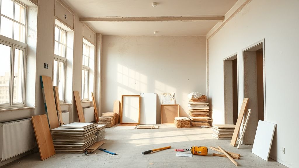 Intérieur d’appartement en rénovation avec murs nus, lumière naturelle et matériaux soigneusement disposés