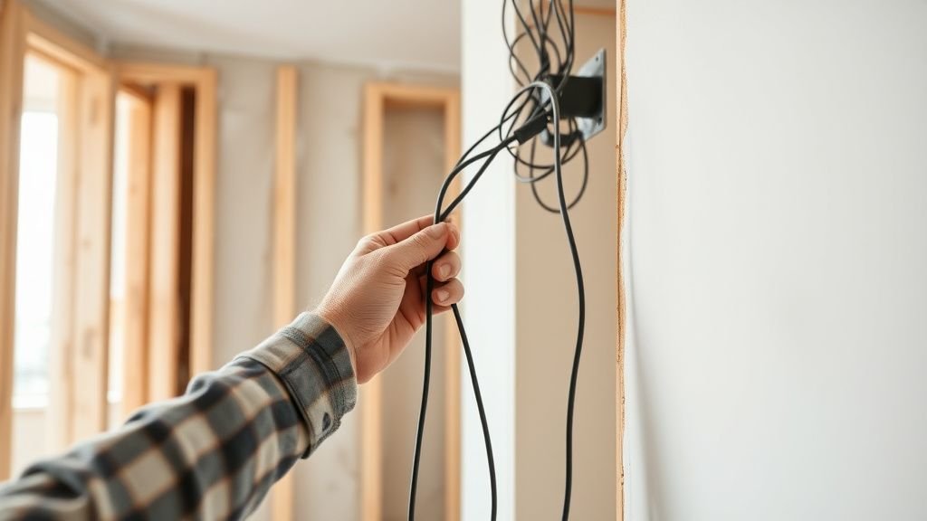 Mains d’artisan posant des câbles et isolant dans une pièce d’appartement en travaux