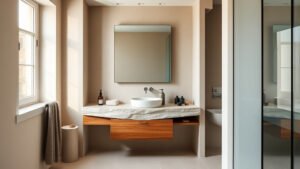 Salle de bains moderne avec vasque en pierre et meuble suspendu