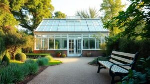 Serre de jardin en verre élégante au milieu d’un jardin verdoyant avec chemin en gravier