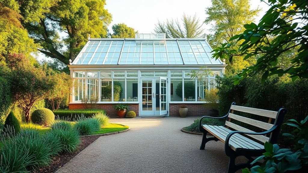 Serre de jardin en verre élégante au milieu d’un jardin verdoyant avec chemin en gravier