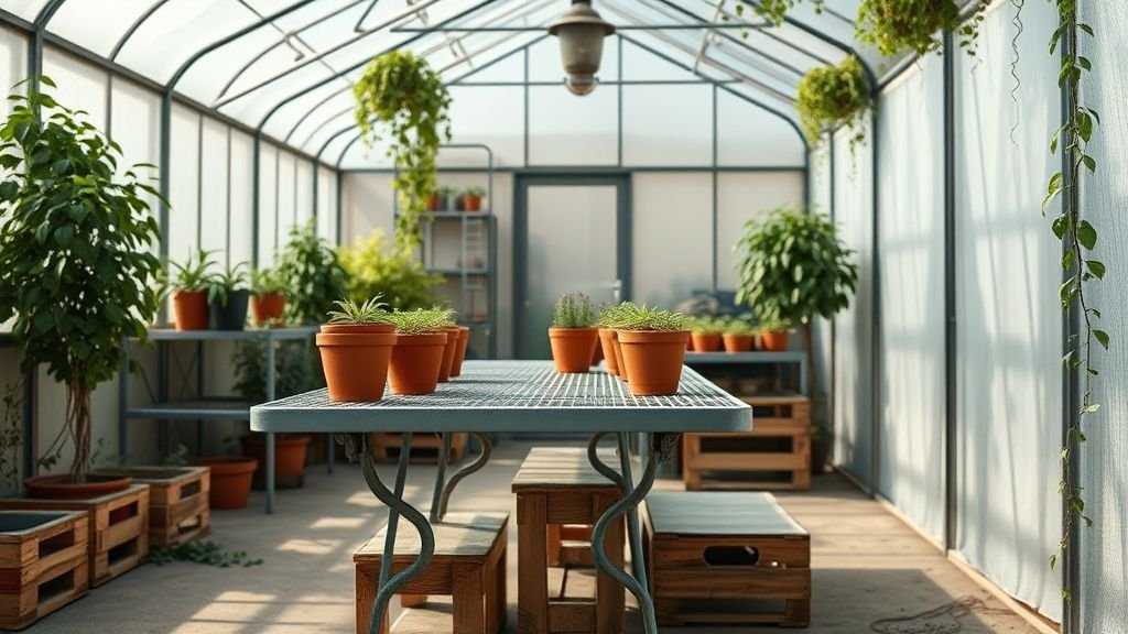 Intérieur de serre de jardin avec table simple, pots en terre cuite et plantes baignées de lumière