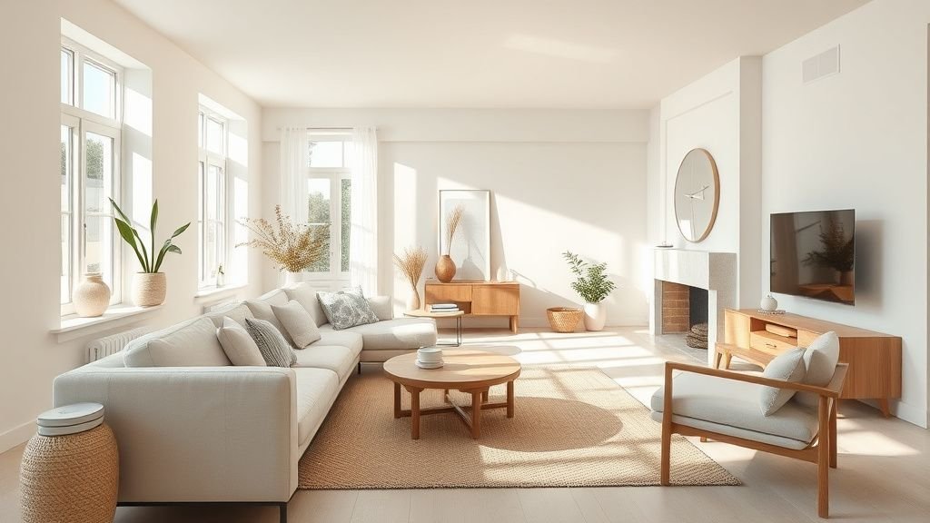 Salon lumineux au style California cool avec canapé en lin, bois clair et lumière naturelle