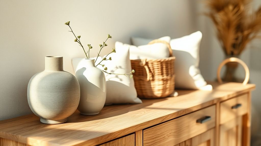 Détails déco neutres et matières naturelles sur une console en bois sous une lumière douce