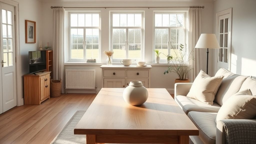 Salon inspiré du style Shaker avec bois clair, lin naturel et lumière douce du matin