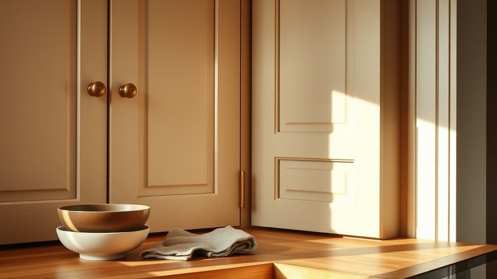 Coin cuisine Shaker avec façades à cadres, bois mat et vaisselle en céramique