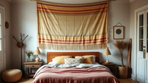 Grande tenture murale bohème au-dessus d'un lit dans une chambre