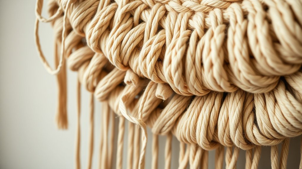 Détails de tenture murale en tissage macramé et fibres naturelles