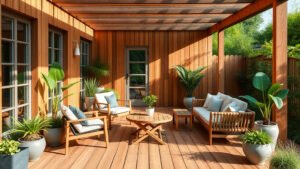 Belle terrasse en bois exotique ipé avec mobilier et plantes