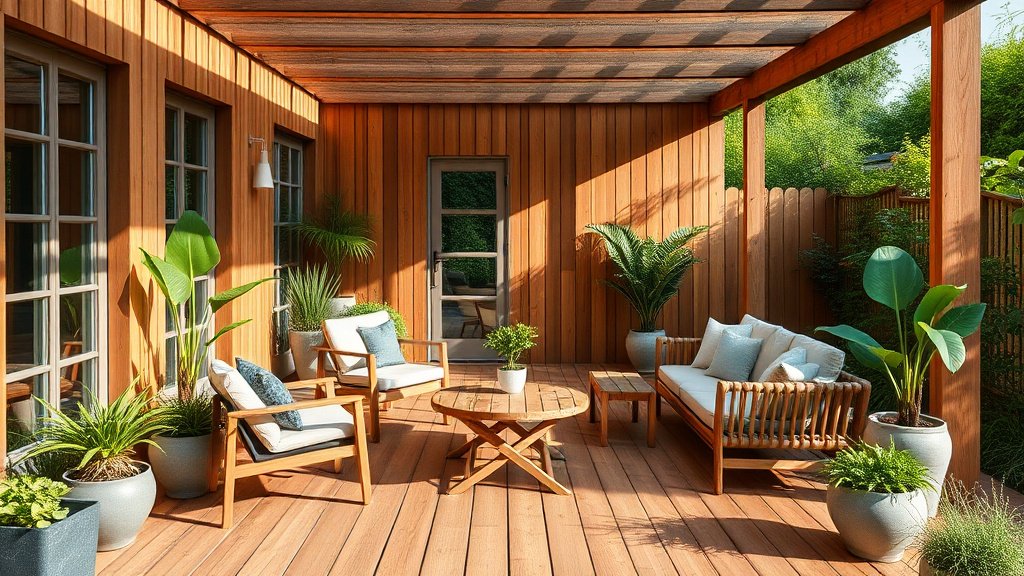 Belle terrasse en bois exotique ipé avec mobilier et plantes