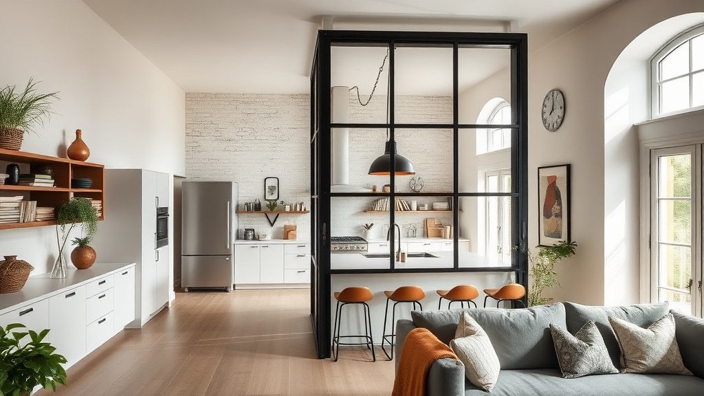 Verrière atelier d'artiste séparant cuisine et salon moderne