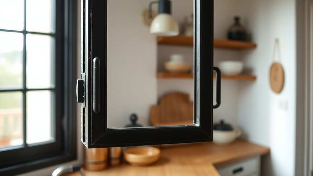 Détails d'une verrière cuisine style atelier avec montants noirs