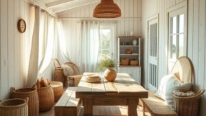 Intérieur de cabane d’été lumineux avec bois clair, lin et objets chinés dans une ambiance apaisante