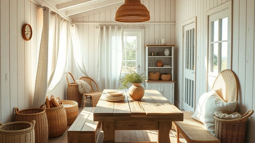 Intérieur de cabane d’été lumineux avec bois clair, lin et objets chinés dans une ambiance apaisante