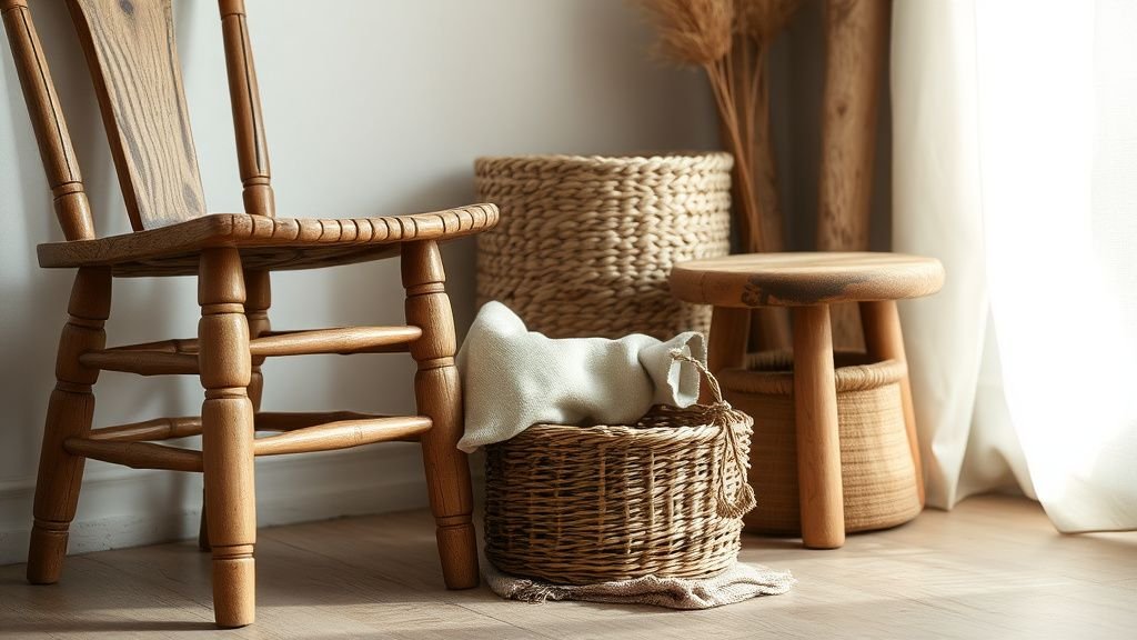 Coin déco récup’ avec chaise dépareillée, panier en fibres naturelles et textiles en lin sous lumière naturelle