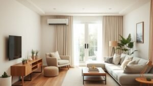 Climatiseur sans unité extérieure dans un salon minimaliste lumineux avec bois clair et textiles naturels