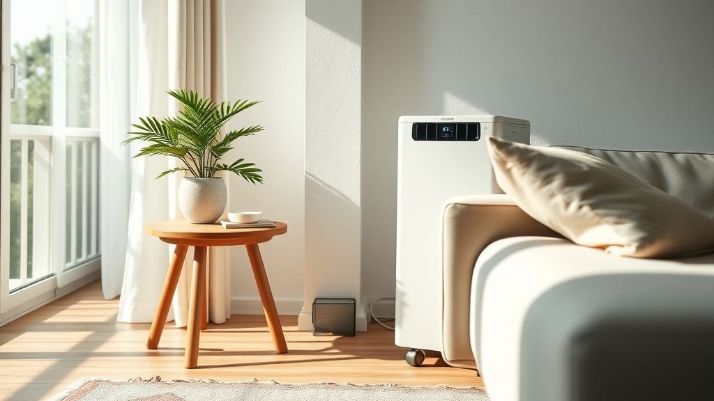 Module de climatisation discret installé près d’un canapé dans un intérieur contemporain lumineux