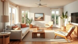 Salon lumineux dans un esprit déco californienne avec bois clair, lin et accents terracotta