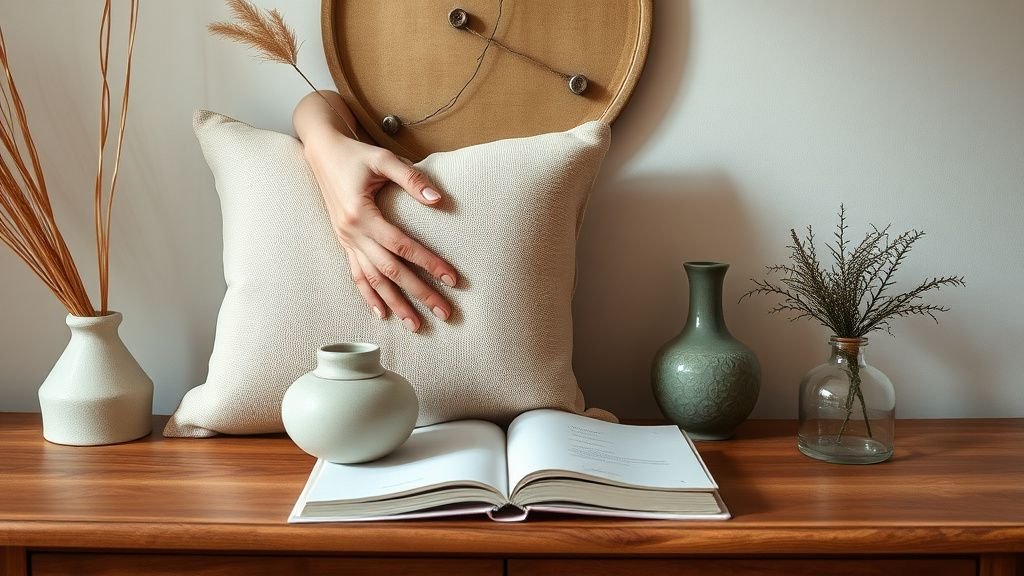 Mains disposant des objets déco naturels sur une console en bois dans une ambiance californienne