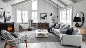 Intérieur de cabane nordique avec contraste noir et blanc, bois clair et ambiance chaleureuse