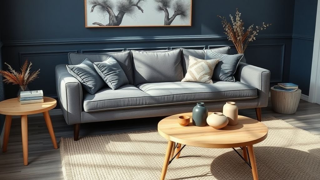 Coin salon cosy avec canapé gris, table en bois clair et touches bleu marine dans un esprit nordique