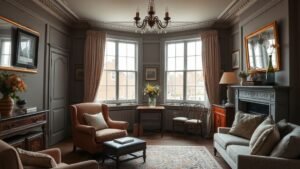 Salon londonien au style romantique anglais avec murs foncés, velours et bois patiné sous lumière naturelle