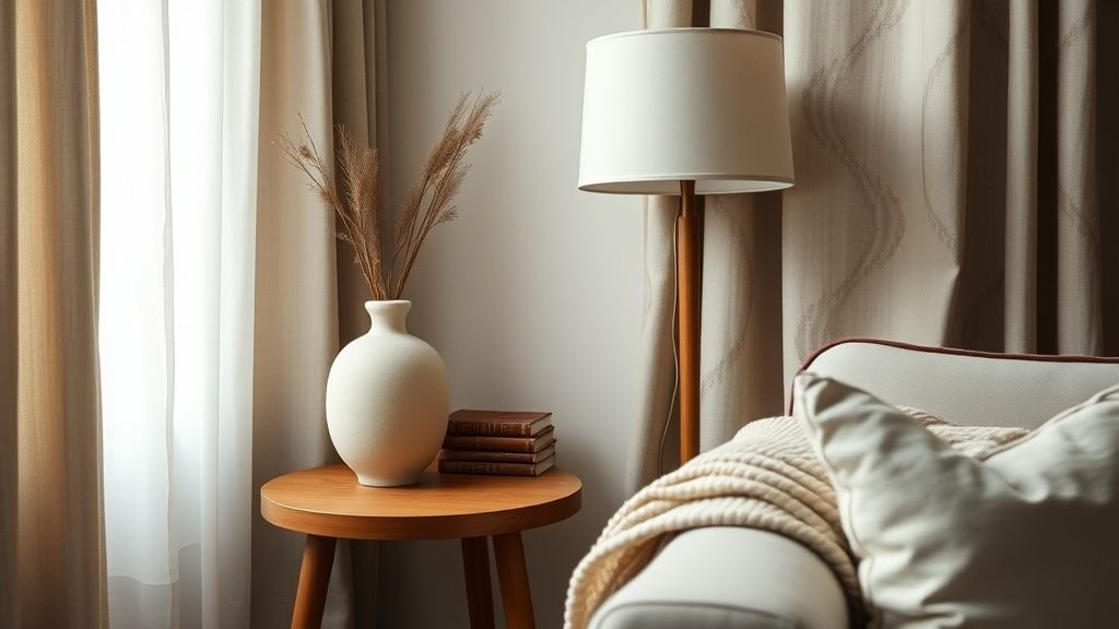 Coin décoré avec table en bois, vase en céramique, rideaux en lin et lampe classique dans une ambiance douce