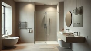 Salle de bain contemporaine avec douche élégante, paroi vitrée et ambiance minérale sous lumière naturelle