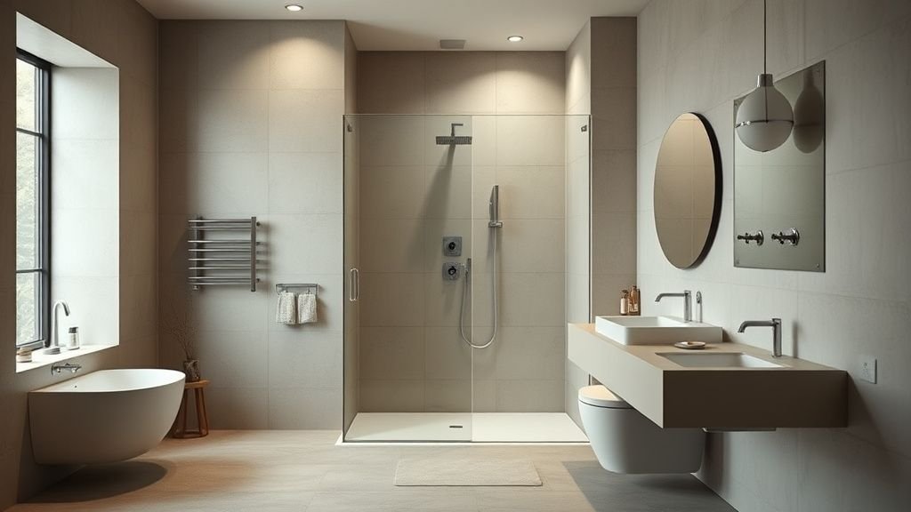 Salle de bain contemporaine avec douche élégante, paroi vitrée et ambiance minérale sous lumière naturelle