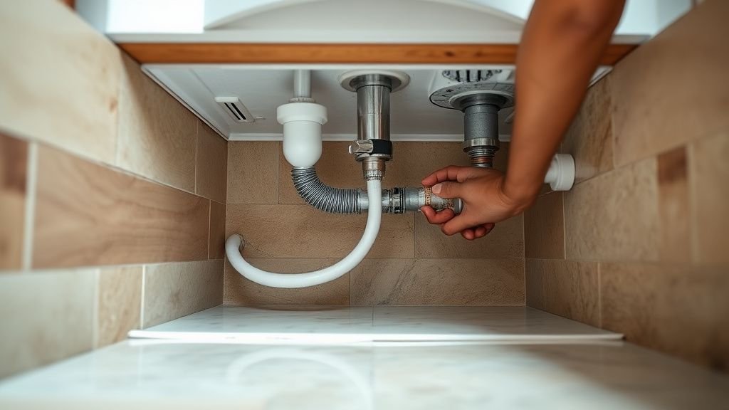 Mains d’un professionnel ajustant une installation technique de douche sous un sol de salle de bain en rénovation