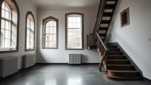 Petit duplex scandinave avec sol en béton poli, fenêtres anciennes et lumière naturelle dans une cour historique