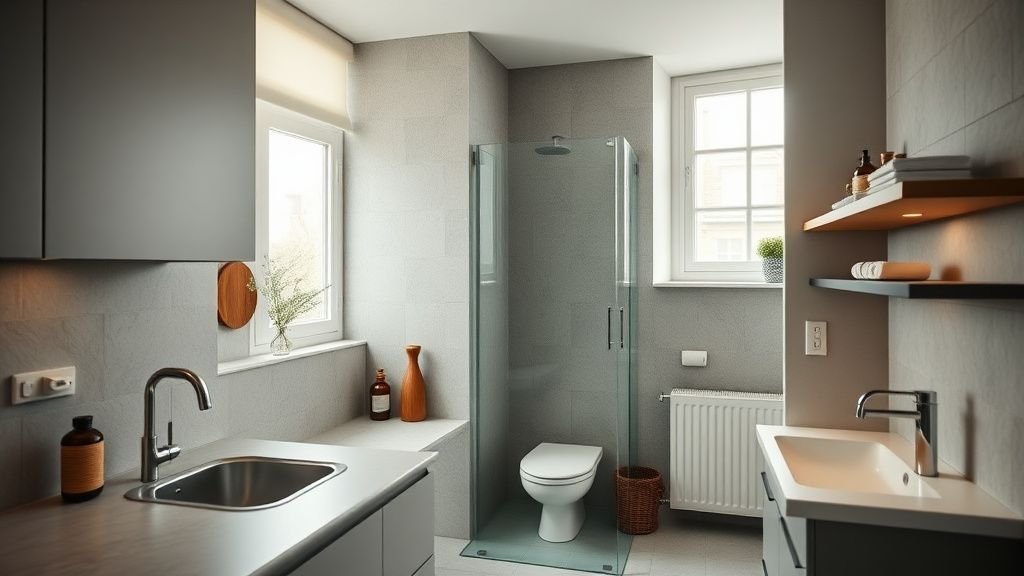Cuisine et salle de bain d’un duplex scandinave avec matières minérales, bois sombre et belle lumière naturelle