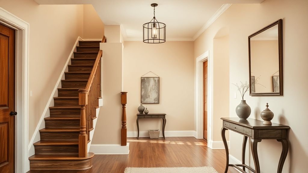 Entrée lumineuse avec escalier ancien en bois, murs clairs et décoration sobre et contemporaine
