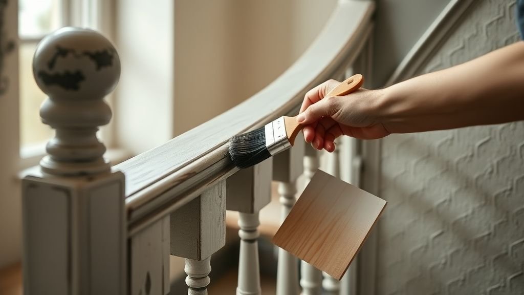 Main appliquant une peinture mate sur une rampe d’escalier ancien dans une lumière naturelle douce