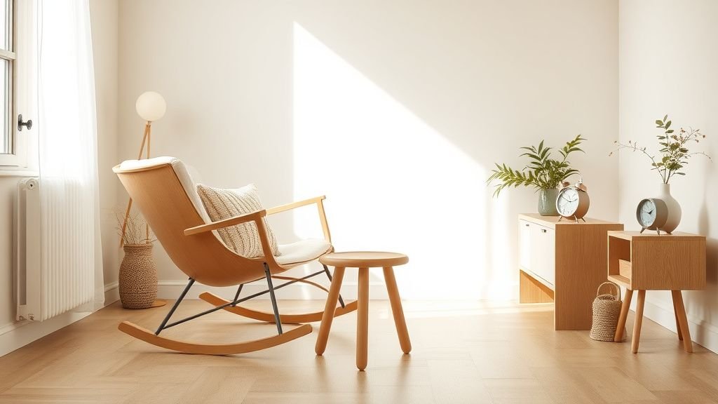 Salon scandinave lumineux avec banc à bascule, tabouret en pin et objets design aux lignes simples