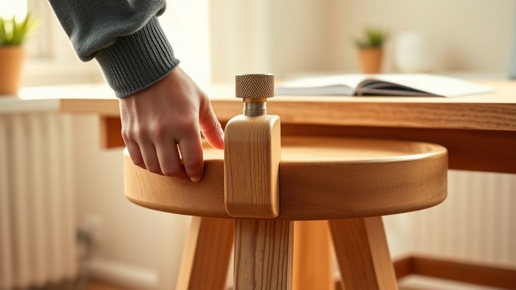 Mains ajustant un tabouret en pin dans un intérieur lumineux, avec un mécanisme simple et visible