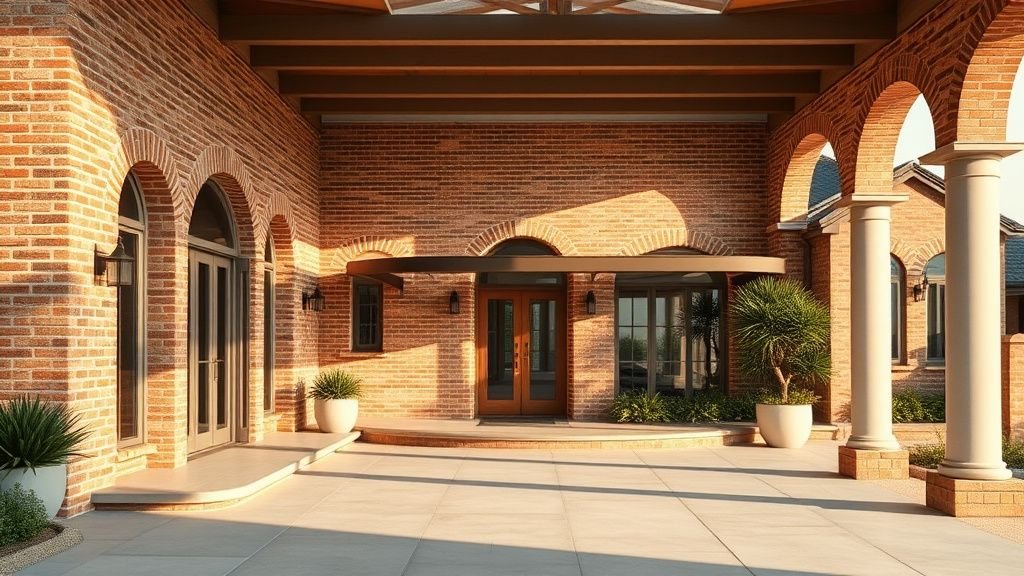 Façade d’une maison australienne avec arches en briques, loggia couverte et lumière douce en bord de mer
