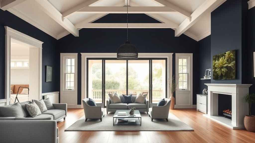 Séjour cathédrale d’une maison des années 30 rénovée avec baie vitrée, bois clair et bleu profond