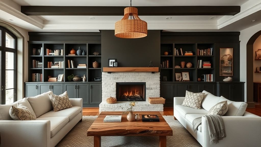 Family room chaleureuse au rez-de-jardin avec cheminée kaki, canapé blanc et bois brut