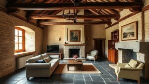 Intérieur d’une maison en pierre rénovée avec murs bruts, poutres en chêne et ambiance rustique chic