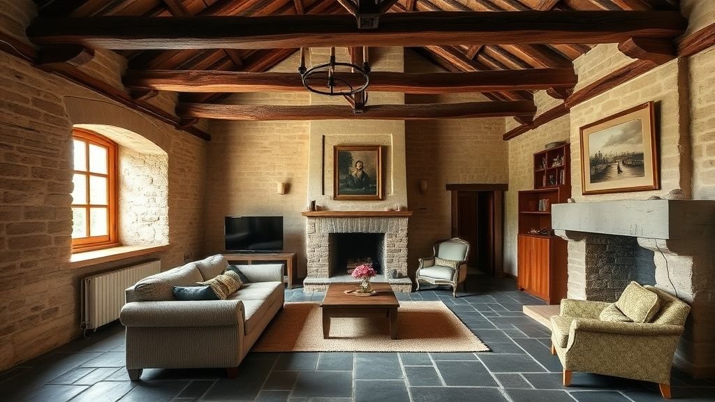 Intérieur d’une maison en pierre rénovée avec murs bruts, poutres en chêne et ambiance rustique chic