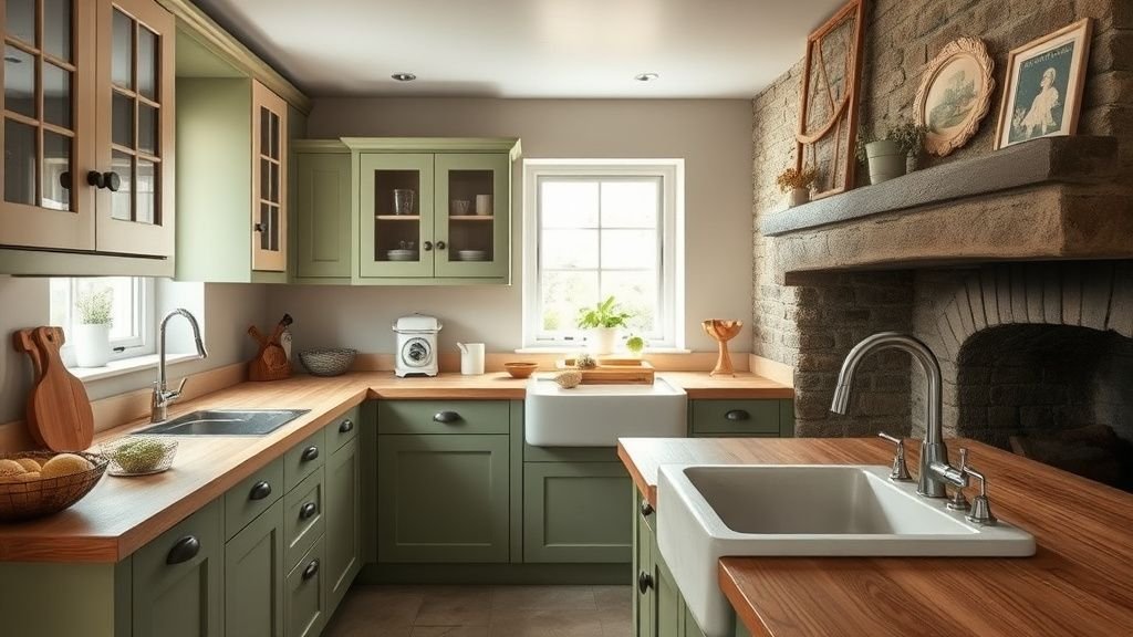 Cuisine rustique chic avec meubles vert sauge, plan de travail en bois et cheminée en pierre