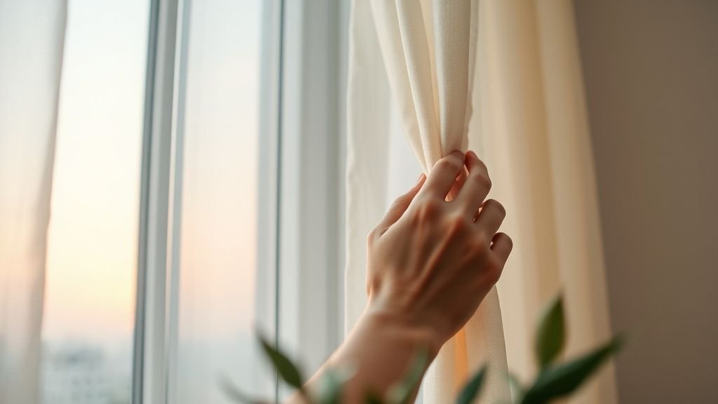 Mains ajustant un rideau en lin près d’une fenêtre ouverte au soir dans un intérieur clair et aéré