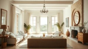 Intérieur marseillais lumineux avec matières naturelles, bois clair et ambiance méditerranéenne apaisante
