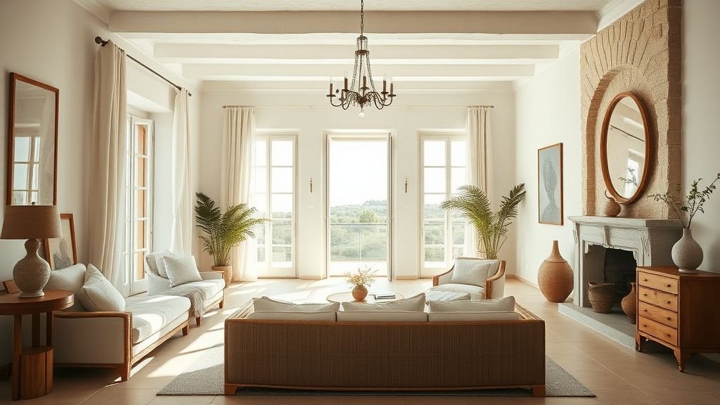 Intérieur marseillais lumineux avec matières naturelles, bois clair et ambiance méditerranéenne apaisante